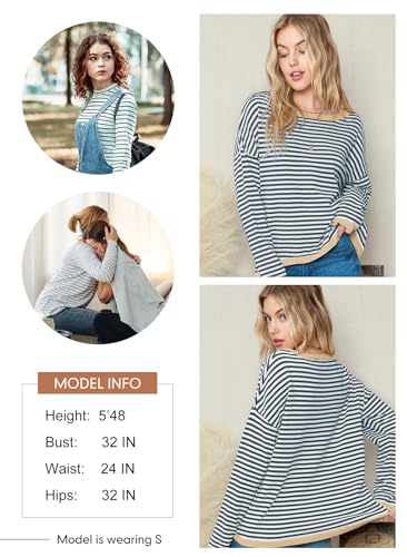 Image of Dokotoo Women's Long Sleeve Sweaters Casual Crewneck Fashion Fall Striped Color Block Shirts High Low Pullover Sweater Tops