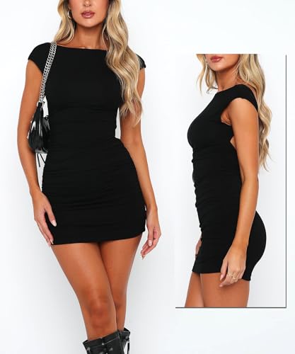 Women Backless Bodycon Mini Dress Boat Neck Open Back Ruched Dress Club Party Going Out Dresses2