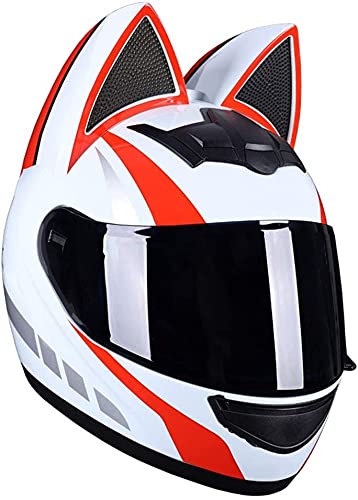 STTTBD Casco Motocicleta Bluetooth Cat Ears con Lazo,Hombres Y Mujeres Cool Cute Cat Casco Cara Completa,Viseras Abatibles Carreras Callejeras con Certificación Dot Cascos Motocross F,L