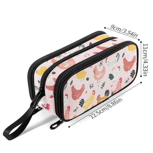 Image of Fustylead Cute Cartoon Hens and Roosters on Pink Background Large Pencil Pen Case Stationery Bag 3 Compartments School College Office Organizer