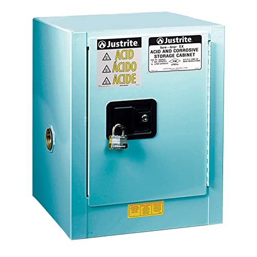 Image of Justrite Acid Corrosive Storage Cabinet - 4 Gallon 1 Door Self Close Chemical Storage Cabinet with Removable Polyethelene Trays - 17 inch x 22 inch x 17 inch - Made in The USA - Light Blue - 890422