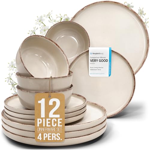 Image of 12 Piece Stoneware Dinnerware Set for 4 - Handmade Reactive Glaze Plates and Bowls Set - Chip & Scratch Resistant Dish Set - Dishwasher Microwave Safe - Rustic Beige