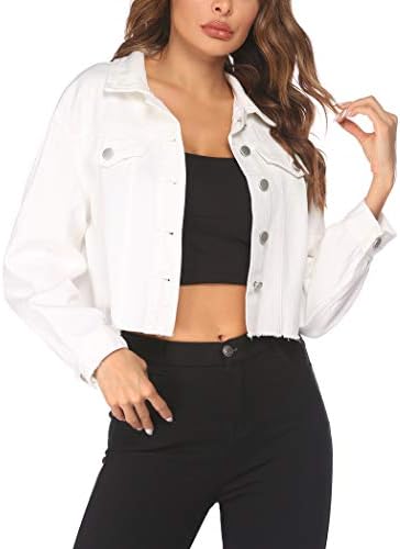 HOTLOOX Jean Jacket Women’s Frayed Washed Button Up Cropped Denim Jacket with Pockets White L