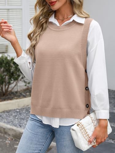 Image of ANRABESS Womens Sweater Vest Summer Sleeveless Crewneck Ribbed Knit Side Button Loose Pullover Tank Tops 2026 Fall Outfits