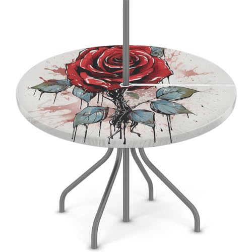 YPPAHHHH Round Outdoor Fitted Tablecloth with Umbrella Hole, Red Rose Elastic Table Cloth Spring Flower Pattern Waterproof Table Cover with Zipper for Patio Picnic, 36