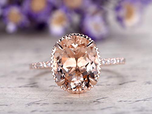 Big Oval Cut Morganite Engagement Ring 9x11mm Solitaire Natural Pink Gemstone Wedding Rings Solid 14k Rose Gold Half Eternity Diamond Stacking Bridal Set Anniversary Gift Filigree Antique Art Deco