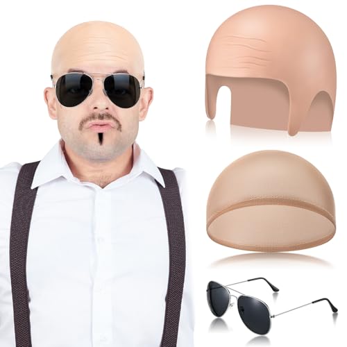 Mepase 3Pcs Bald Caps with Glasses for Men Women Cosplay