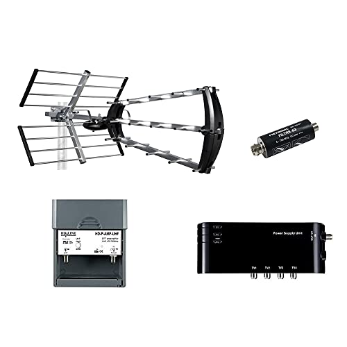 HDME Kit Préamplificateur 4/1 TV Amplificateur + Alimentation 4 Sorties TV pour Antenne terrestre TNT Noir + Antenne d'Extérieure Trinappe 26dB UHF 415044 -...