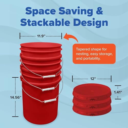 Image of ePackageSupply 5 Gallon Bucket - Food Grade Bucket with Airtight Gasketed Tear Strip Lid, BPA-Free, Heavy-Duty 90 Mil HDPE Plastic Pail, Bulk Storage, Durable Container, Made in USA - Red, 6 Packs