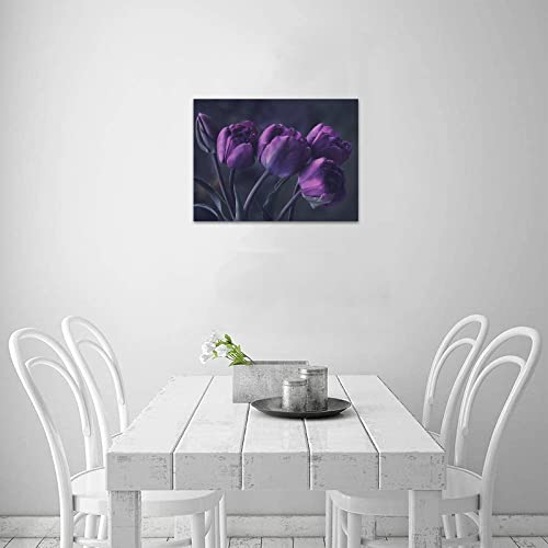 Creative Beautiful Modern Canvas Wall Art - Pretty Deep Purple Tulip Flower Canvas Print 18" X 12" Inch - Stretched And Framed Painting Artwork Home Decor Wall Living Room Office #TOP4