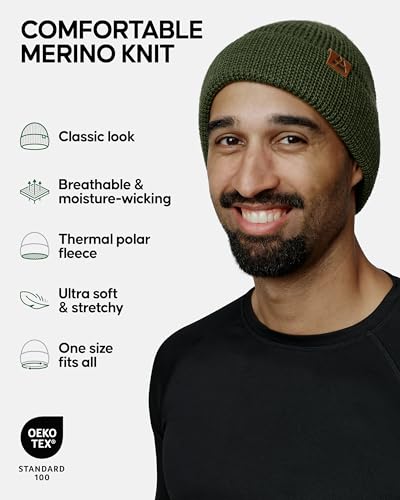 Image of DANISH ENDURANCE Merino Wool Beanie for Men & Women, Fleece Lined Hat, Soft, Stretchy, Fisherman Beanie, Warm Wool Hat