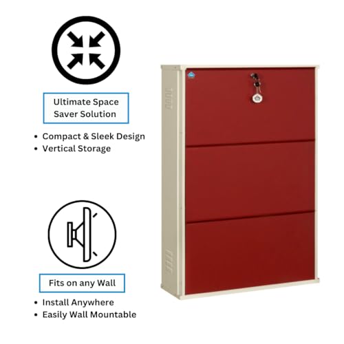 Image of DELITE KOM 29 inch Wide, 6 Shelf Metal Shoe Rack Wall Mounted for Home with Central Lock Holds Upto 24 Shoes or 36 Slippers Pair Double Decker, 1Yr Warranty, (41x29x8, Ivory Brick Red), DIY, Space Saver