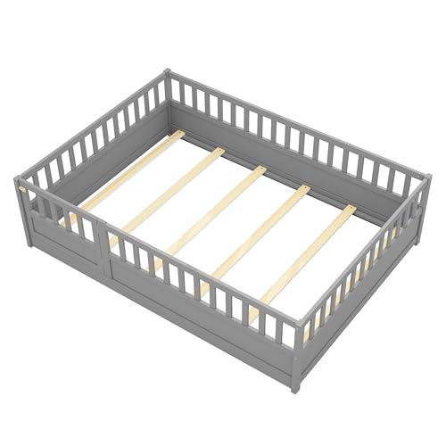Image of Bellemave Full Kids Montessori Floor Bed Frame with Slats,Gray