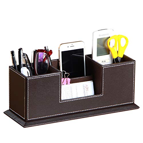 FanousyPU Leather Desk Organizer with 4 Compartment,Pen Holder, Pencil Caddy,Office Supplies Desktop Storage Box for Business Card/Mobile Phone/Remote Control/stationery/Study Collection