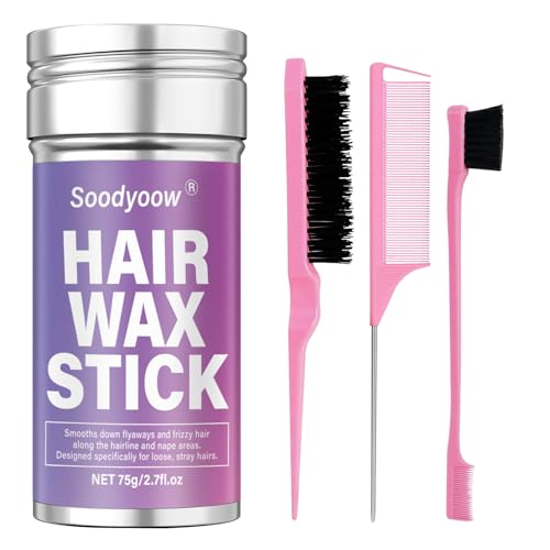 Soodyoow 75g Hair Wax Stick & Slick Back Hair Brush Non Greasy Anti Frizz Hair Styling Kit for Taming Flyaways Smoothing Frizz Sleek Ponytails Styling Accessories for Women Girls Pink