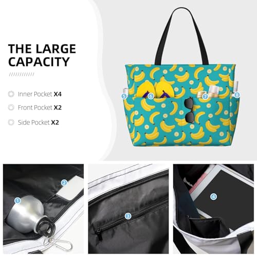 Large Beach Bags Water-resistant Sandproof - Cute Banana Ice Blue Cute Beach Tote Bags for Women with Zipper3