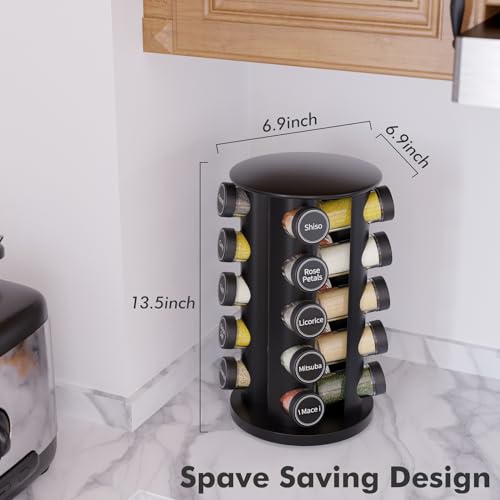 Image of New England Stories Revolving Spice Rack Set with 20 Spice Jars, Kitchen Spice Tower Organizer for Countertop or Cabinet - Carousel Storage Includes 386 Spice Labels (Black)