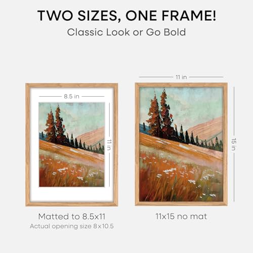 Image of Homeforia 11x15 Natural Oak Picture Frame, High-End Wood, 8.5x11 Mat, Glass | High End Solid Oak Wood, Tempered Glass, Acid-Free 8.5x11 Removable Mat, 11x15 Edge-to-Edge Display 15x11, Wall Kit, Set Of 2