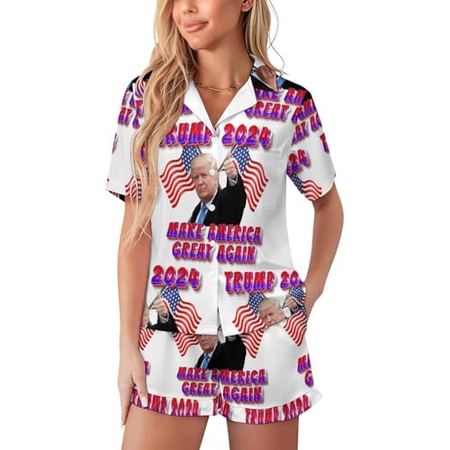 PIVUWXOB Trump Pajamas Set for Women Button Down Short Sleeve Top And Shorts Pjs Sets Sleepwear L
