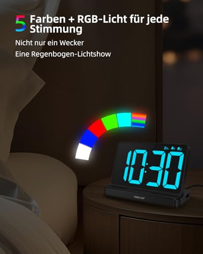 NOKLEAD Digitaler Wecker mit Großem 6,5\ RGB Farbwechsel Display, Netzbetriebene Nachttischuhr mit USB Ladeanschluss, Stufenloser Dimmer, Dual Alarm & Schlummerfunktion für Schlafzimmer