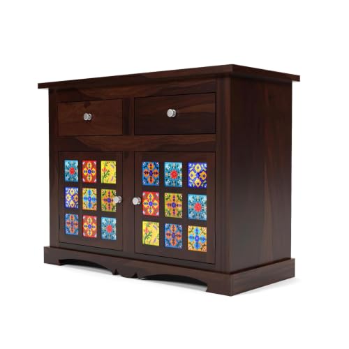 Image of Sheesham Wood Sideboard Cabinet for Living Room - Solid Wooden Storage Cabinet with 2 Drawers & 4 Shelves - Multipurpose Sideboard for Bedroom Dining & Home Furniture (Jack)