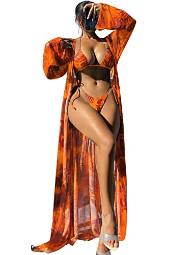 WDIRARA Women's 3 Piece Bikini Set Floral Print Tie Swimsuit with Long Kimono