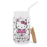 Silver Buffalo Sanrio Hello Kitty Strawberry Glass Jar Tumbler with Bamboo Lid and Glass Straw, 16 Ounces