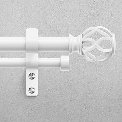 Double Curtain Rod 36-76 Inch, Heavy Duty Dual Rods, White | Decorative Aluminium Twisted Cage Finial, 1 Inch Adjustable Spliced Double Curtain Rods for Windows, All Metal, Easy Install