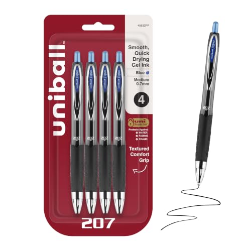 uniball™ 207 Gel Pens, Blue Ink, 0.7mm Medium Point, Retractable, 4 Count