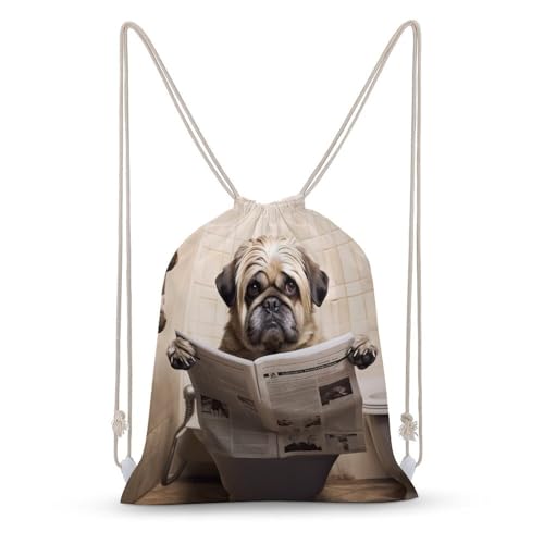 Drawstring Bag Backpack Dog Reading The Newspaper Sackpack Foldable String Bags Sports Gym Bag for Shopping Yoga