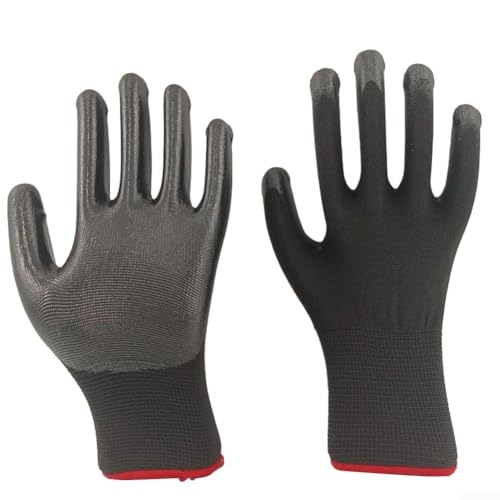 Guantes con revestimiento de nitrilo para el trabajo, 12 unidades, transpirables e impermeables para protección industrial en jardinería y construcción (negro)