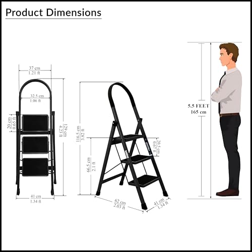 Image of Plantex Ladder for Home 3 Steps /Foldable Ladder with Anti-Skid Wide Steps (30L x 20W cm) /Strong D-Shape Pipe with X-Support for More Stability /5 Year Warranty(Apex-Black)