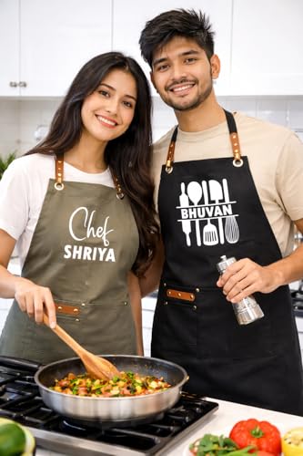 Image of AICA Personalized Name Apron for Kitchen Men & Women| Stylish Leather Adjustable Neck Strap| Front Pockets | Customised Name Waterproof Apron for Kitchen Cooking Resturants Cafes