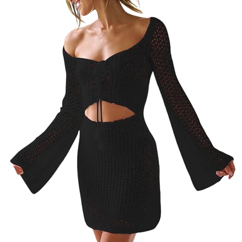 Camisa de bikini hueca de punto calado ligero con mangas largas