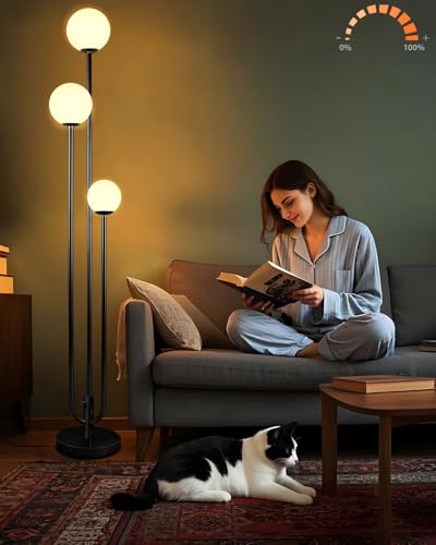 Image of 63IN 3-Light Dimmable Floor Lamp, Unique Black Tall Standing Lamps with 3000K Bulbs for Reading, Mid Century Modern Floor Lamp with 5Lbs Heavy Base for Living Room Bedroom Office