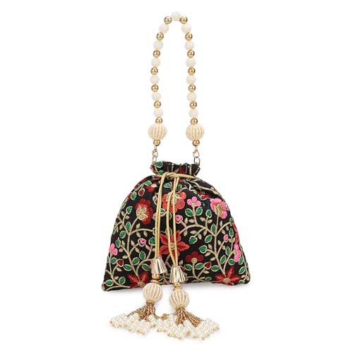 Image of LONGING TO BUY Indian Embroidered Pearl Potli Bag For Women, Sequence Design with Tassel, Wedding Potli Bags
