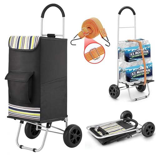 Shopping Cart, Super Loading Grocery Trolley, 220 lbs Capacity, Foldable Cart with Extra Large Black Shopping Bag Portable Grocery Utility Cart With Adjustable Bungee Cord