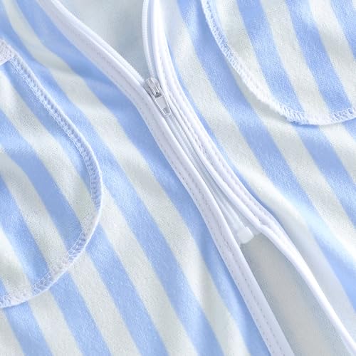 Image of Girls Boys Hooded Terry Coverups One Piece Swimsuits Summer Striped Trim Zip Up Short Sleeve Swim Cover Up Beachwear