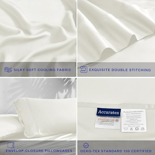 Image of ACCURATEX Cooling Sheets for Hot Sleepers, Queen Size,Ivory | Viscose Made from Bamboo, 4 Pcs Silky Soft Sheet Set, Breathable Cool for Night Sweats, up to 16 inches Deep Pockect