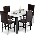 AWQM 5 Piece Dinning Table Sets for 4, Marble Kitchen Table and Chairs for 4,Dining Room Table Set with PU Leather Chairs,Faux Marble Dining Set for Small Spaces,Living Room,White+Brown
