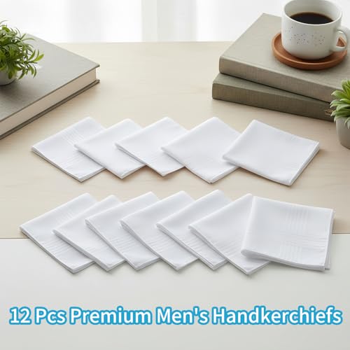 100% Cotton Handkerchiefs for Men - 16x16 Inch White Handkerchiefs, Classic Style, Aggressively Absorbing & Machine Washable -12 Pcs Premium Pocket Squares for Men - Thumbnail 2