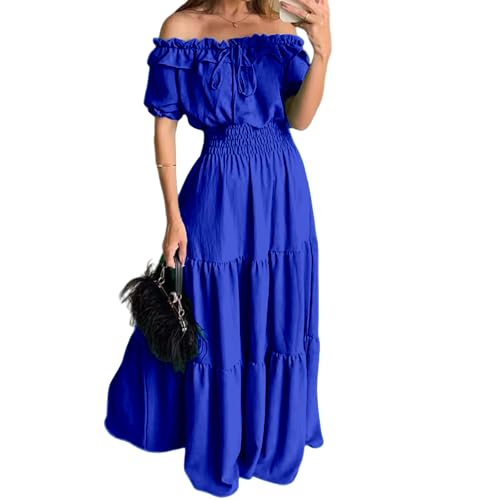 Summer Maxi Dresses for Women 2025 Off Shoulder Ruffle Dress Formal Office Dresses Smocked Waist Puff Sleeve Casual3