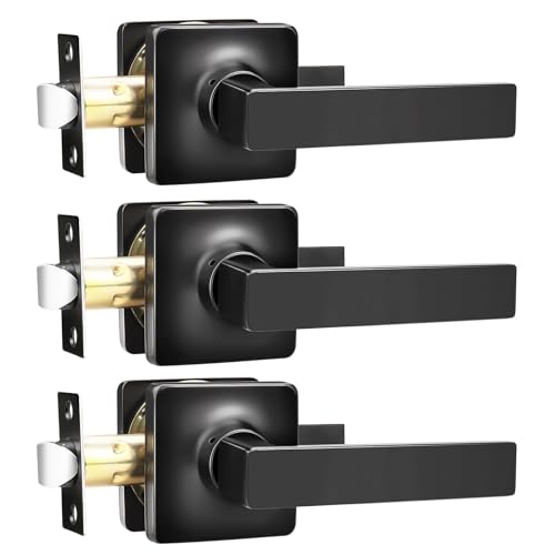 Image of GOBEKOR 3 Pack Matte Black Door Handles Square Interior Door Handle Passage Door Levers Black Closet Door Handle with Lock Modern Lever Door Handles