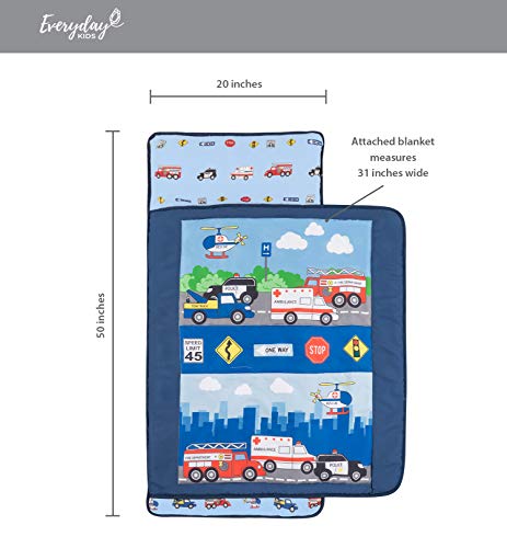 Image of Everyday Kids Toddler Nap Mat with Removable Pillow -Fire Police Rescue- Carry Handle with Fastening Straps Closure, Rollup Design, Soft Microfiber for Preschool, Daycare, Sleeping Bag -Ages 2-4 years