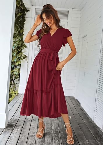 Image of PRETTYGARDEN 2023 Women's Floral Summer Dress V Neck Short Sleeve Ruffle Hem A-Line Boho Maxi Dresses