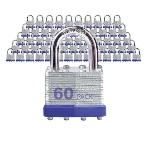 Image of Keyed Alike Laminated Steel Padlocks, Standard Shackle, for Hasp, Shed, Fence, Storage Locker, School, Gym (60 Pack)