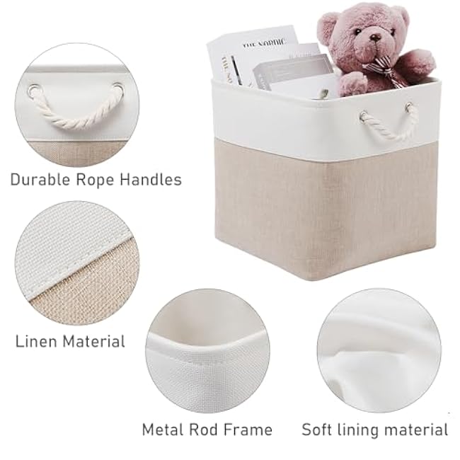 12 x 12 Inch Cube Storage Bins, 6 Pack Large Collapsible Fabric Storage Bin with Ropes, Foldable Storage Cubes for Home, Office,Closet, Clothes, Toys Organizer (White & Beige)