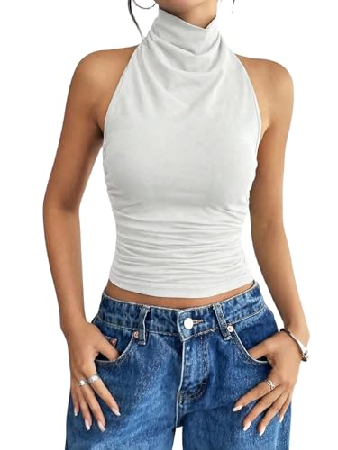 SOLY HUX Women's High Neck Halter Tank Top Sleeveless Draped Open