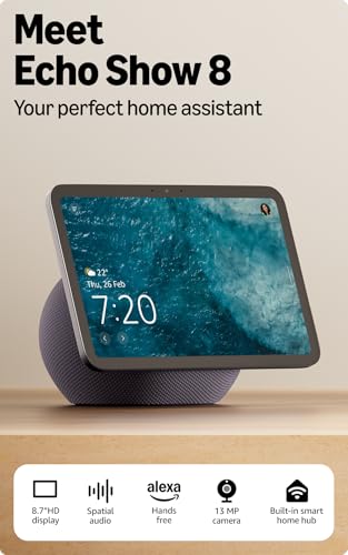 Image of Amazon Echo Show 8 (newest model), vibrant 8.7 inch HD display with spatial audio & Alexa, new sleek design, smart home controls, 2x bass speaker, 13 MP camera, bluetooth, Graphite