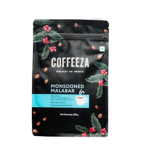 Image of COFFEEZA Ground Coffee - Coarse Grind - Monsooned Malabar Single Estate - Pack of 4 (250g Each) - Medium Roast 100% Arabica Ground Coffee Powder